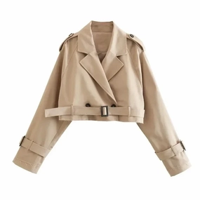 Belt Cropped Trench Spring Jacket Women Vintage Streetwear