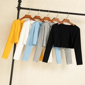 Black Cropped Knitted Sweater Korean Style Women's Coat Spring Long Sleeve Top Jersey Cardigan Female Clothing Blouses