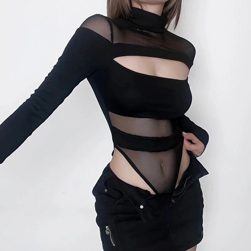 Black Hollow Out Bodysuit Full Sleeve See Through Bodycon Jumpsuit for Women Club Party Outfits