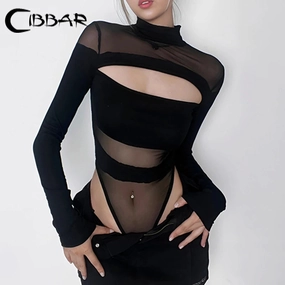 Black Hollow Out Bodysuit Full Sleeve See Through Bodycon Jumpsuit for Women Club Party Outfits