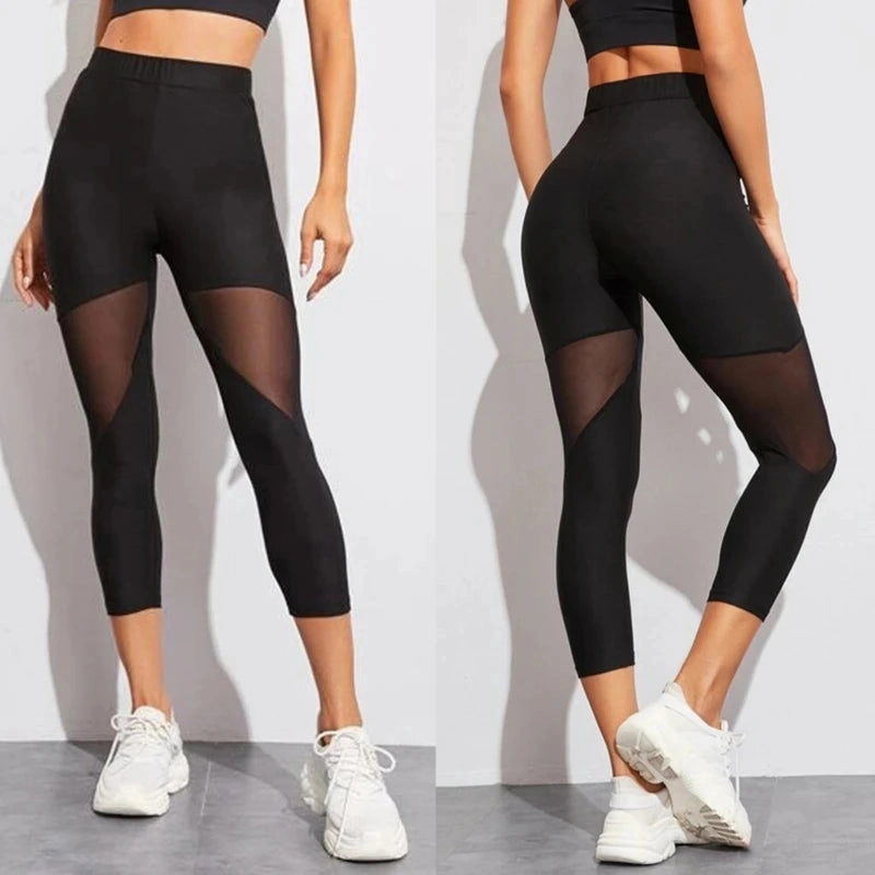 Black Patchwork Mesh Leggings Women's Jeggings for Fitness