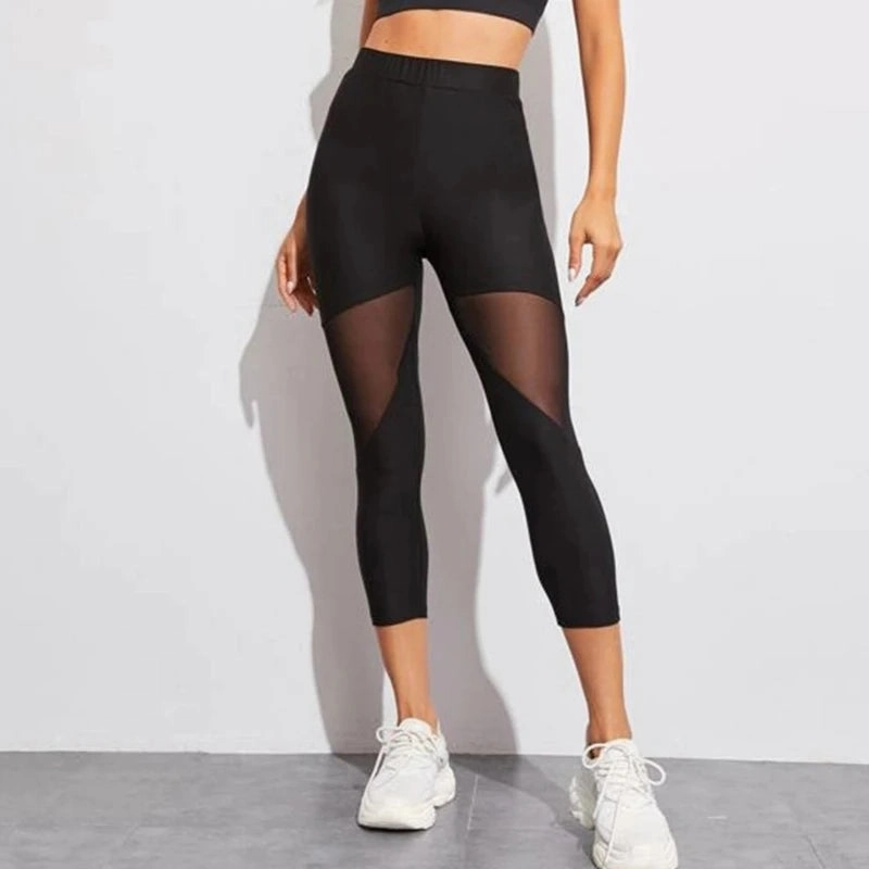 Black Patchwork Mesh Leggings Women's Jeggings for Fitness