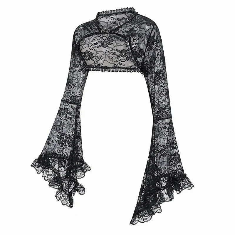 Black See Through Floral Lace Long Flare Sleeve Steampunk Coat Gothic Vintage Top