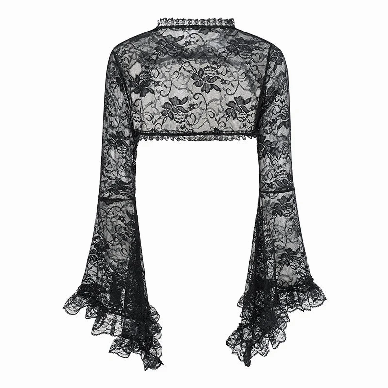 Black See Through Floral Lace Long Flare Sleeve Steampunk Coat Gothic Vintage Top