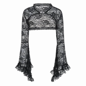 Black See Through Floral Lace Long Flare Sleeve Steampunk Coat Gothic Vintage Top