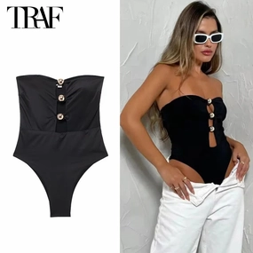 Black Sexy Tight Bodysuit Women Off Shoulder Sleeveless Lingerie for Summer Club Outfits