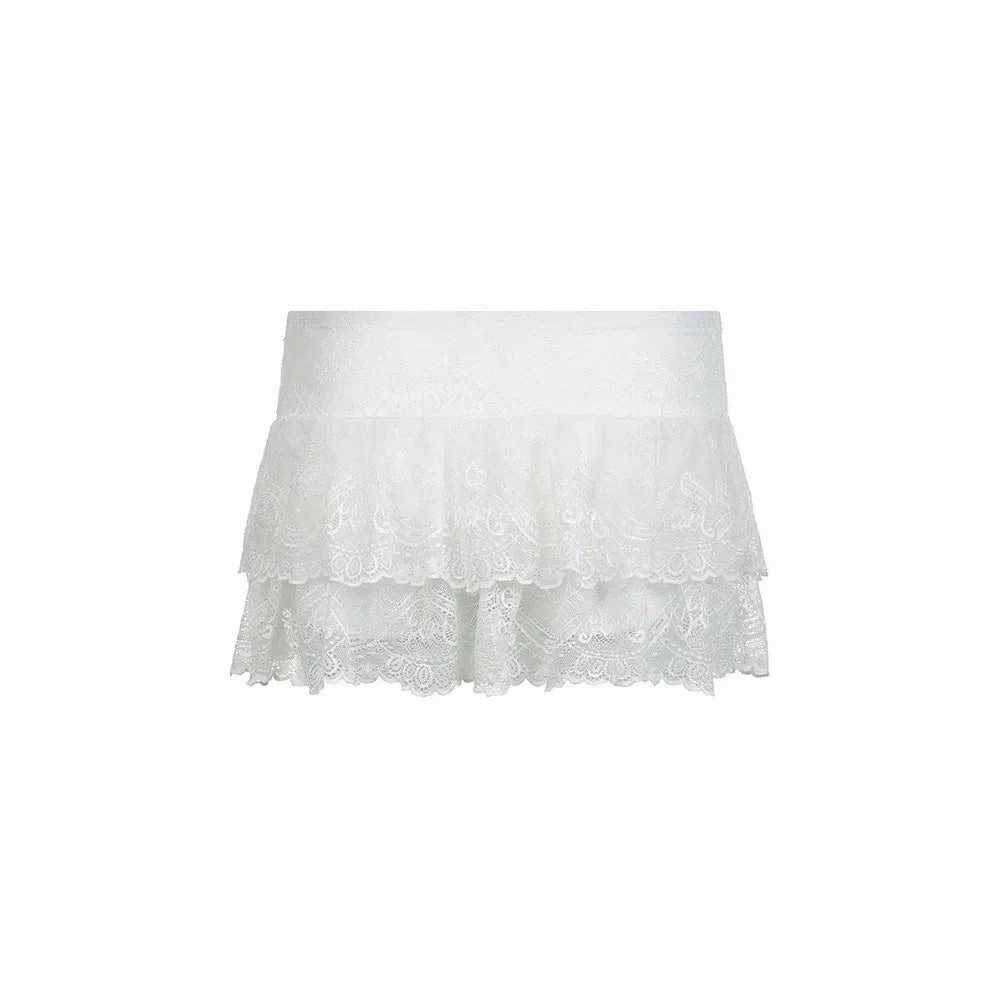 Black Solid Low Waist Tiered Lace Shorts Skirts Womens Fairycore Micro Boho Skirt