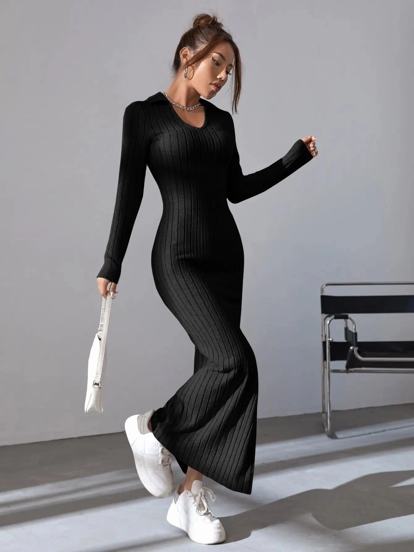 Black Temperament Pit Strip Slimming Dress - V-neck Knit Wrap