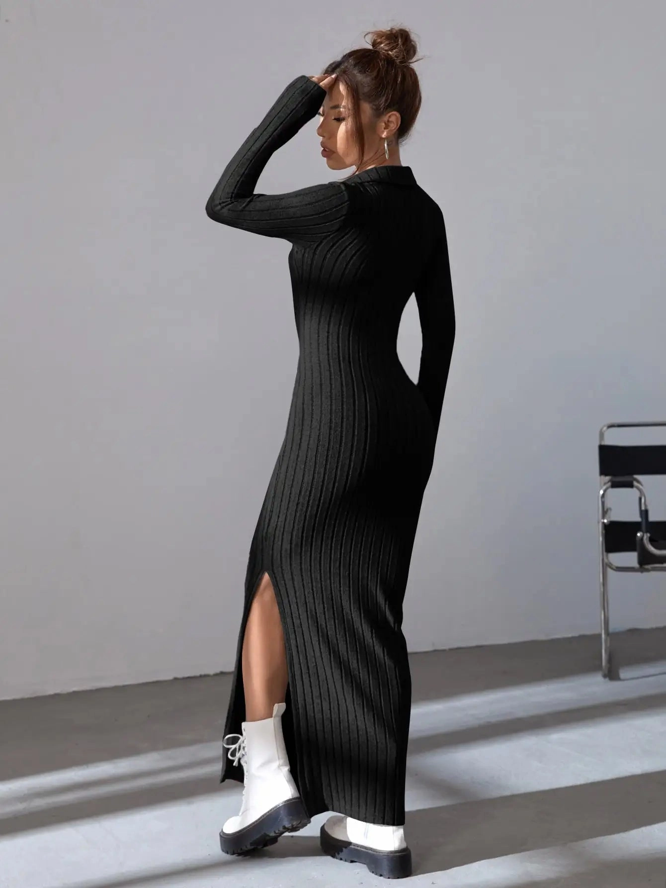 Black Temperament Pit Strip Slimming Dress - V-neck Knit Wrap