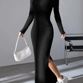 Black Temperament Pit Strip Slimming Dress - V-neck Knit Wrap