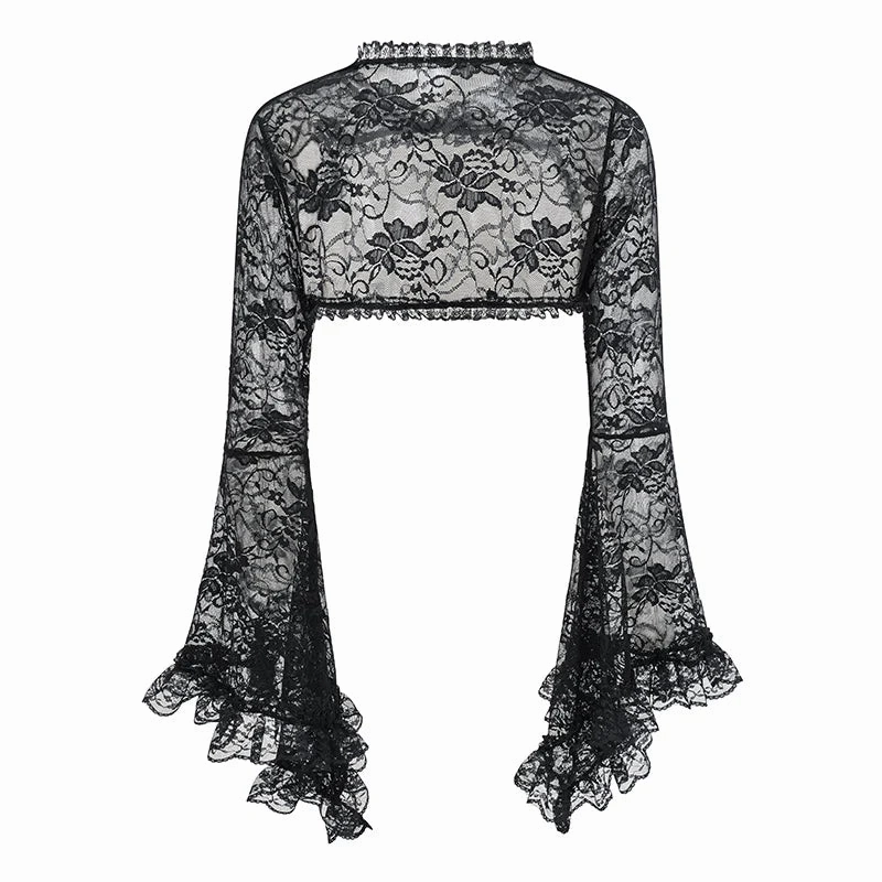 Black Transparent Floral Lace Halter Neck Flared Sleeve Gothic Jacket for Women Sexy Victorian Steampunk Dark Top Y2K Clothes