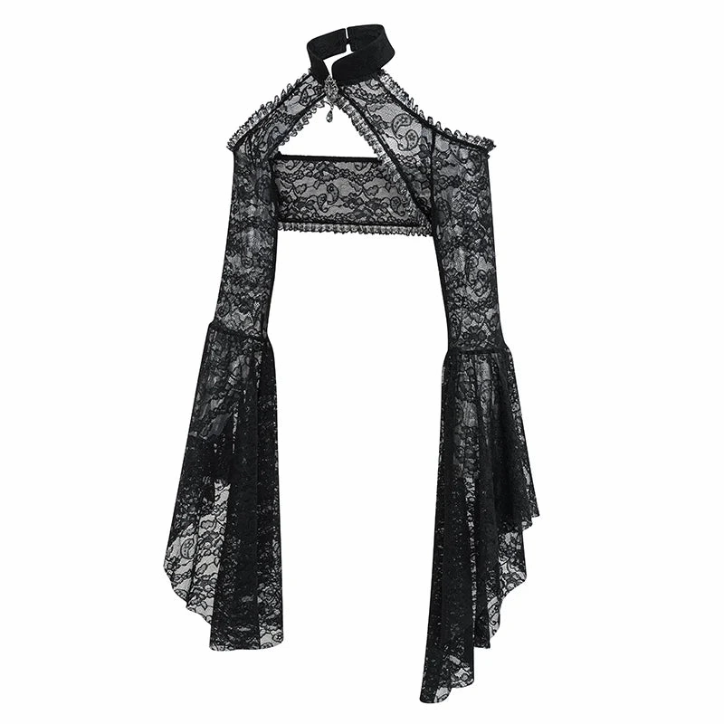 Black Transparent Floral Lace Halter Neck Flared Sleeve Gothic Jacket for Women Sexy Victorian Steampunk Dark Top Y2K Clothes