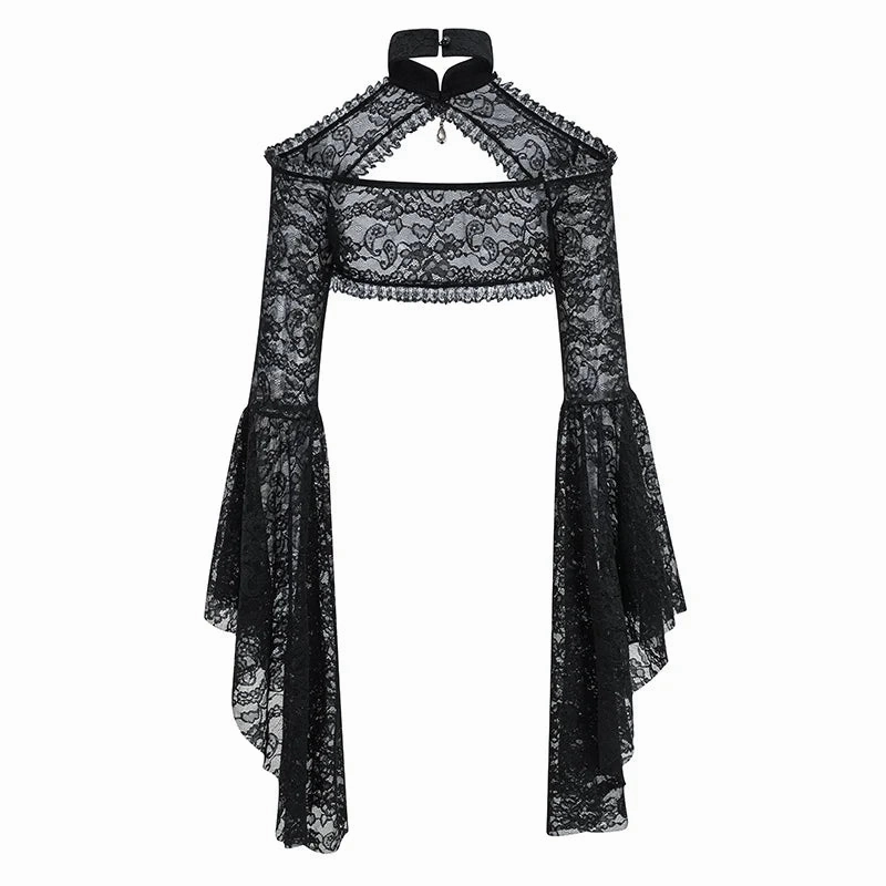 Black Transparent Floral Lace Halter Neck Flared Sleeve Gothic Jacket for Women Sexy Victorian Steampunk Dark Top Y2K Clothes