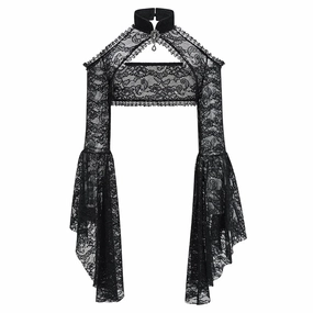 Black Transparent Floral Lace Halter Neck Flared Sleeve Gothic Jacket for Women Sexy Victorian Steampunk Dark Top Y2K Clothes