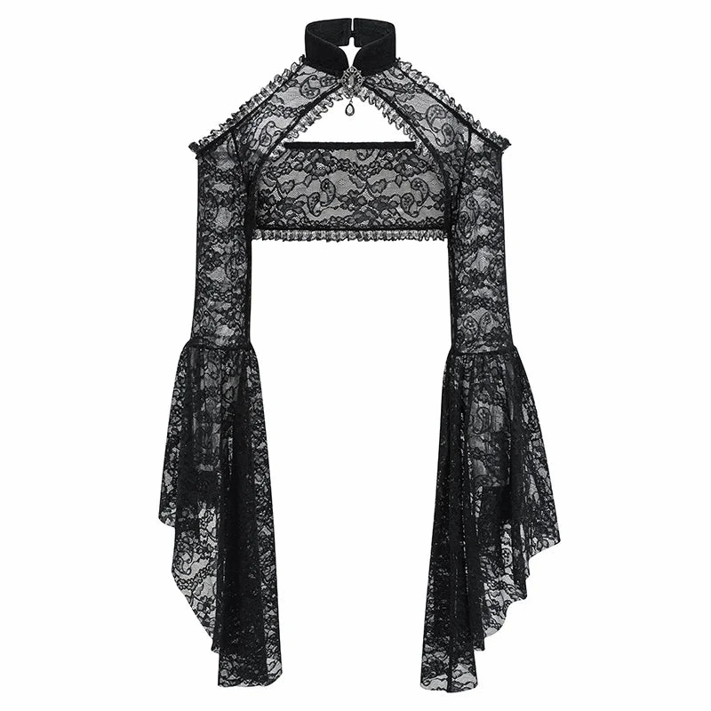 Black Transparent Floral Lace Halter Neck Flared Sleeve Gothic Jacket for Women Sexy Victorian Steampunk Dark Top Y2K Clothes