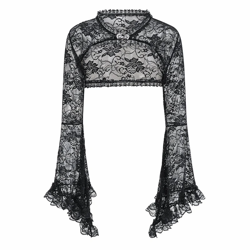 Black Transparent Floral Lace Halter Neck Flared Sleeve Gothic Jacket for Women Sexy Victorian Steampunk Dark Top Y2K Clothes
