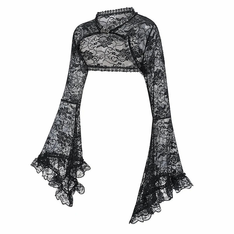 Black Transparent Floral Lace Halter Neck Flared Sleeve Gothic Jacket for Women Sexy Victorian Steampunk Dark Top Y2K Clothes
