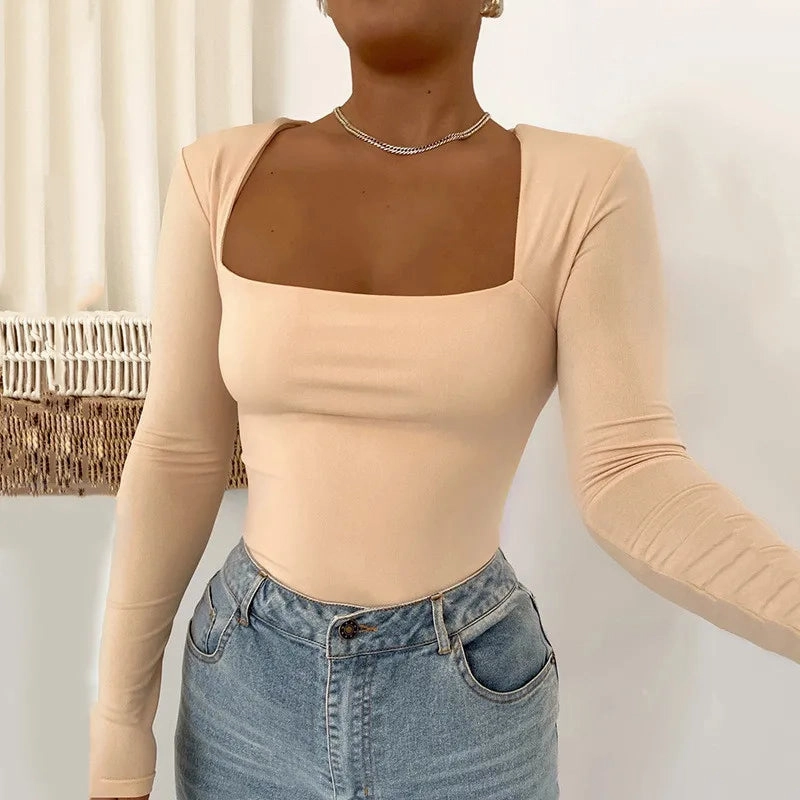 Bodysuit Long Sleeves Overalls for Women Bodycon Square Neck Basic Black Tops Streetwear Fashion Sexy