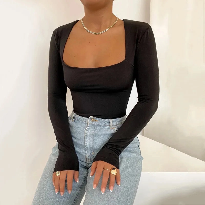Bodysuit Long Sleeves Overalls for Women Bodycon Square Neck Basic Black Tops Streetwear Fashion Sexy