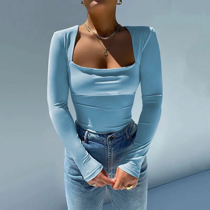 Bodysuit Long Sleeves Overalls for Women Bodycon Square Neck Basic Black Tops Streetwear Fashion Sexy
