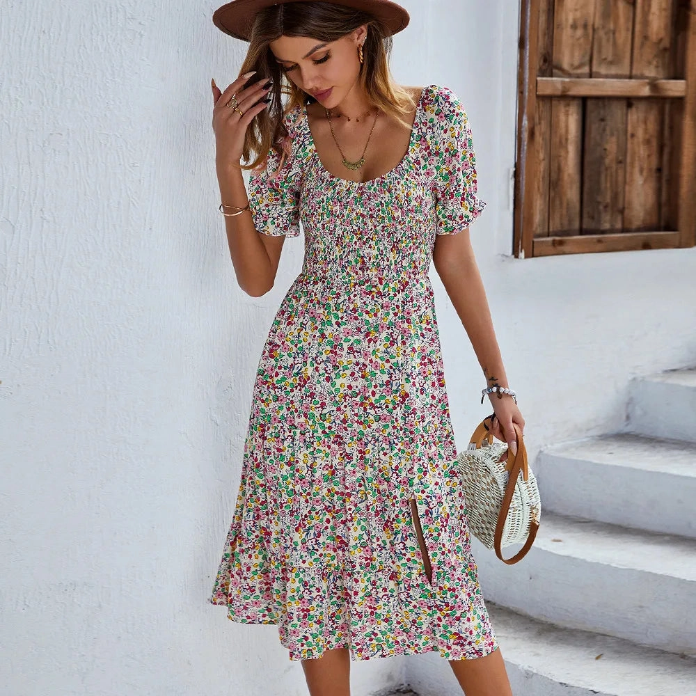 Bohemia Print Dress Women New Summer Midi Dress Puff Sleeve