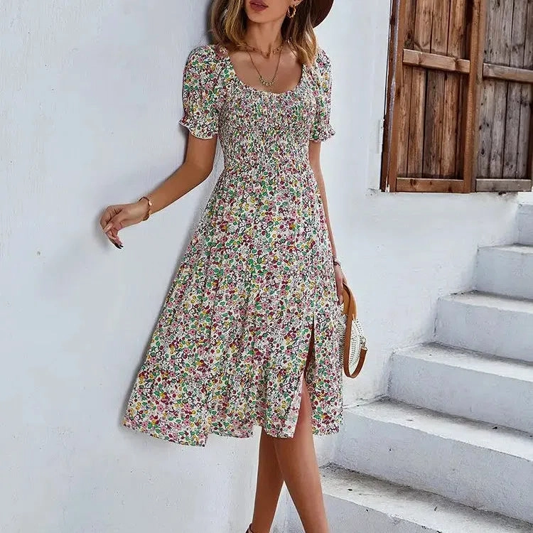 Bohemia Print Dress Women New Summer Midi Dress Puff Sleeve