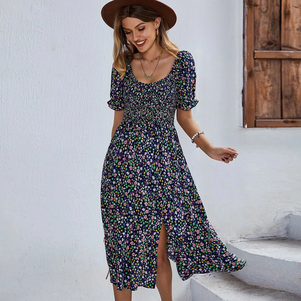 Bohemia Print Dress Women New Summer Midi Dress Puff Sleeve