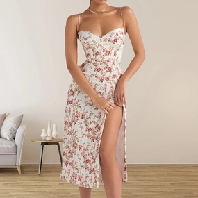 Bohemian Floral Midi Dress for Women - Summer Spaghetti Strap Camisole with Slim Fit and Natural Waistline - Trendy Split Design