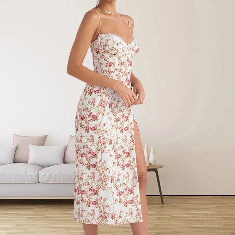 Bohemian Floral Midi Dress for Women - Summer Spaghetti Strap Camisole with Slim Fit and Natural Waistline - Trendy Split Design