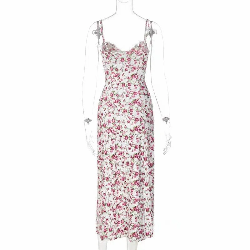 Bohemian Floral Midi Dress for Women - Summer Spaghetti Strap Camisole with Slim Fit and Natural Waistline - Trendy Split Design
