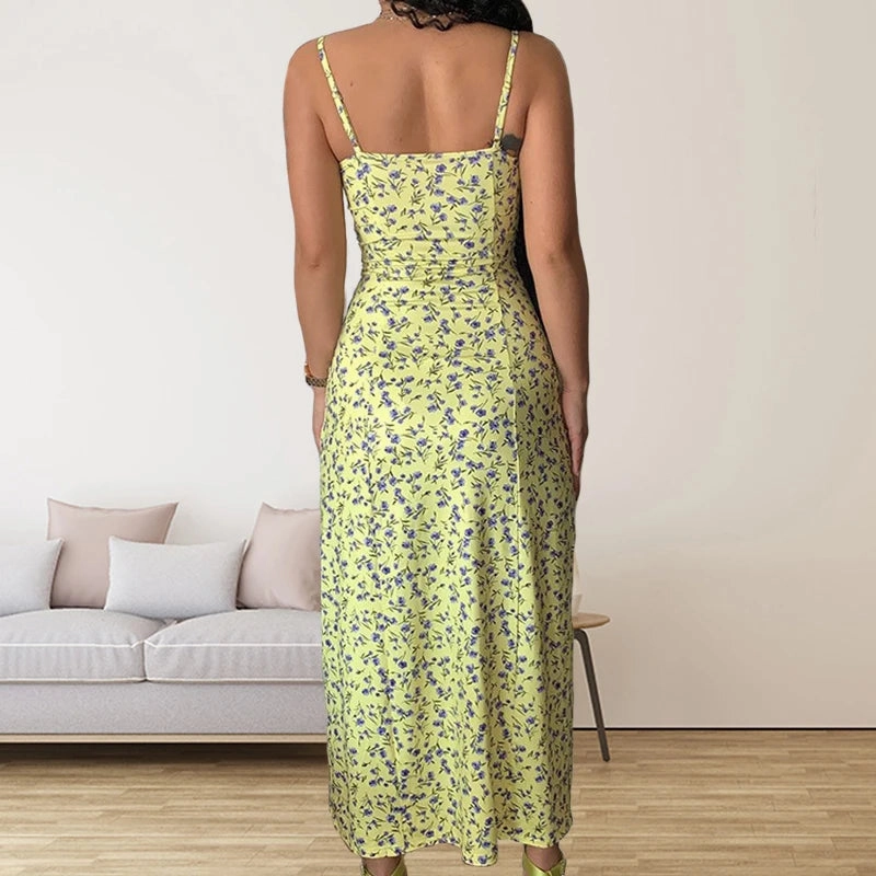 Bohemian Floral Midi Dress for Women - Summer Spaghetti Strap Camisole with Slim Fit and Natural Waistline - Trendy Split Design