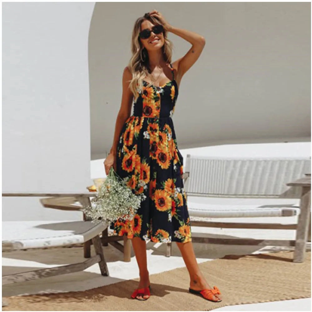Boho Sexy Floral Dress Summer Vintage Casual Sundress