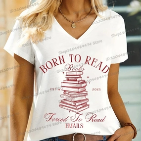 Born To Read Books V Neck T Shirt for Women Casual Vintage Reading Club Gift Short Sleeve Tee