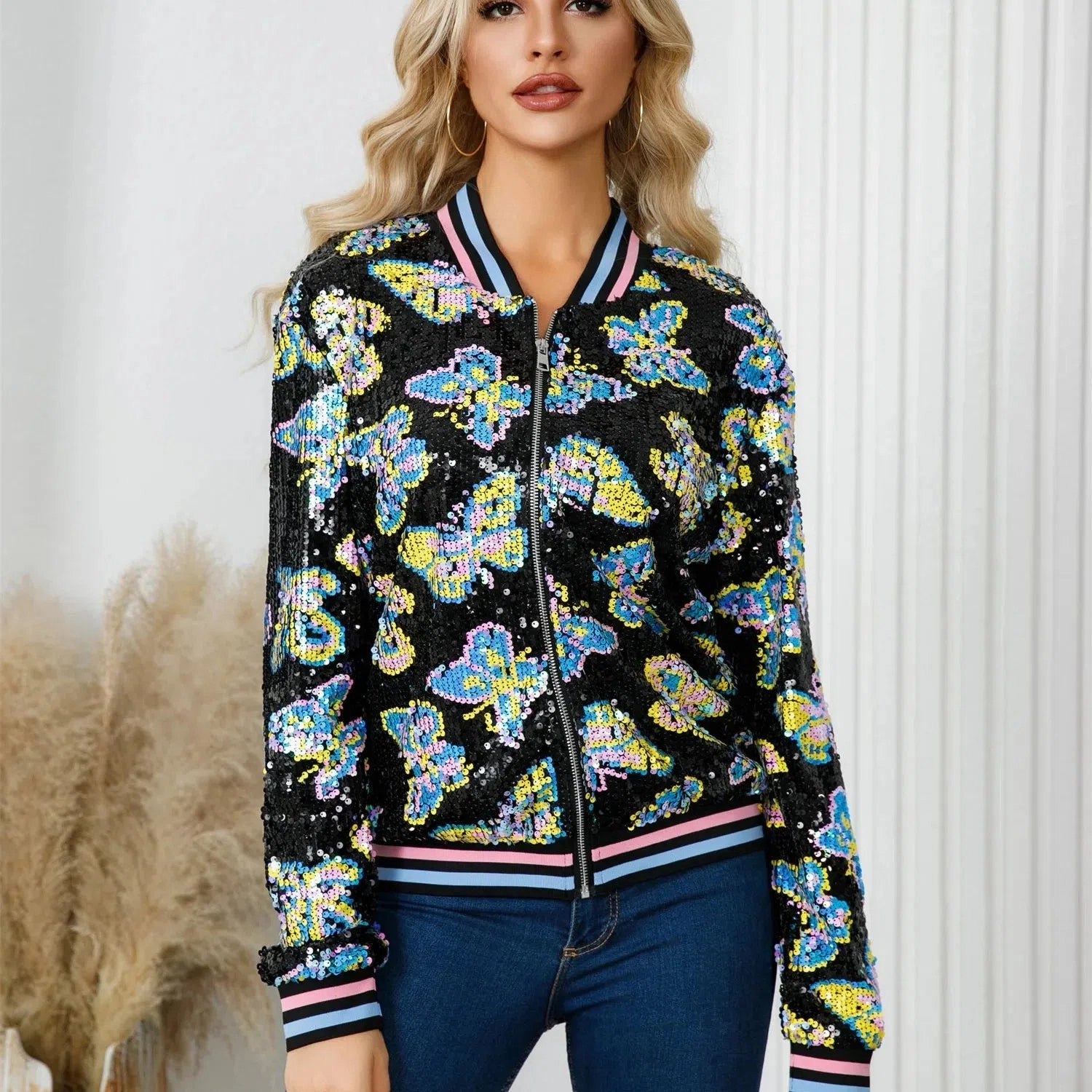 Butterfly Pattern Beaded Jacket, Stylish Long Sleeve Zipper Jacket for Women