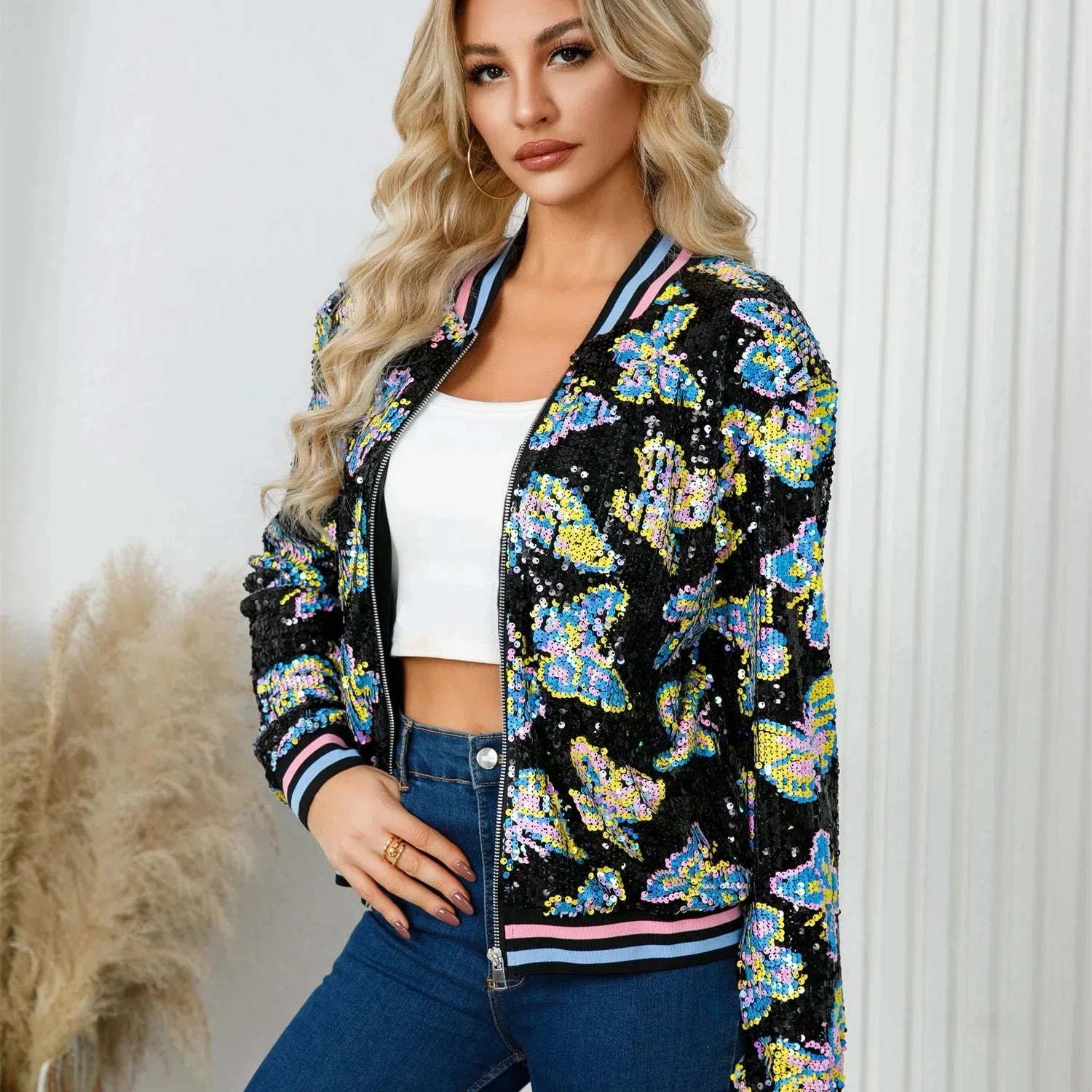 Butterfly Pattern Beaded Jacket, Stylish Long Sleeve Zipper Jacket for Women