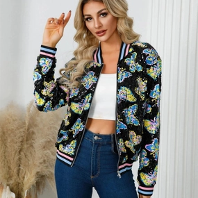 Butterfly Pattern Beaded Jacket, Stylish Long Sleeve Zipper Jacket for Women