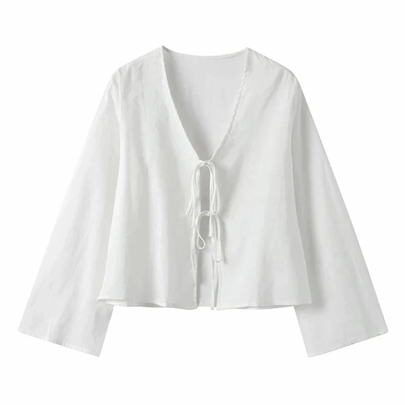 C.New S Cotton Linen Lace Up Bow Shirts Women Loose Hollow Out V Neck Long Sleeve Tops Female Spring New Streetwear Top
