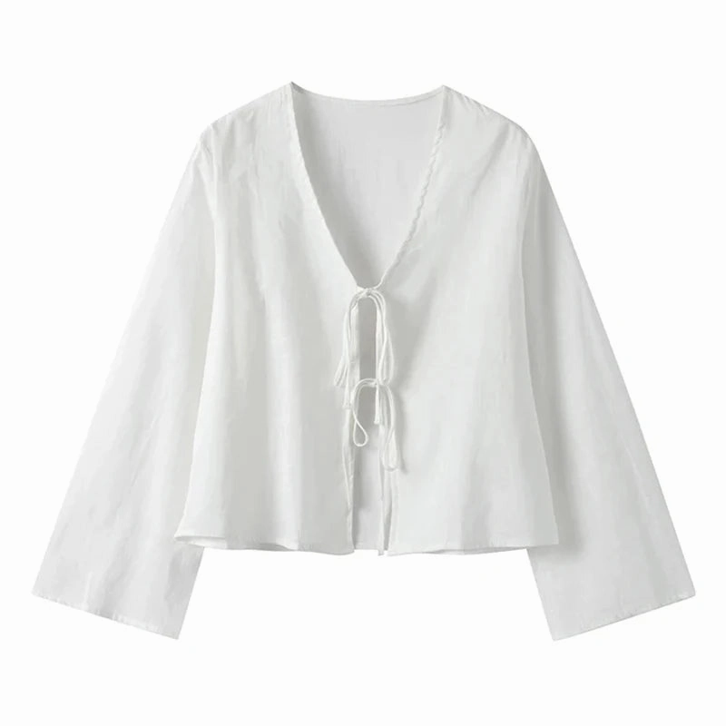 C.New S Cotton Linen Lace Up Bow Shirts Women Loose Hollow Out V Neck Long Sleeve Tops Female Spring New Streetwear Top