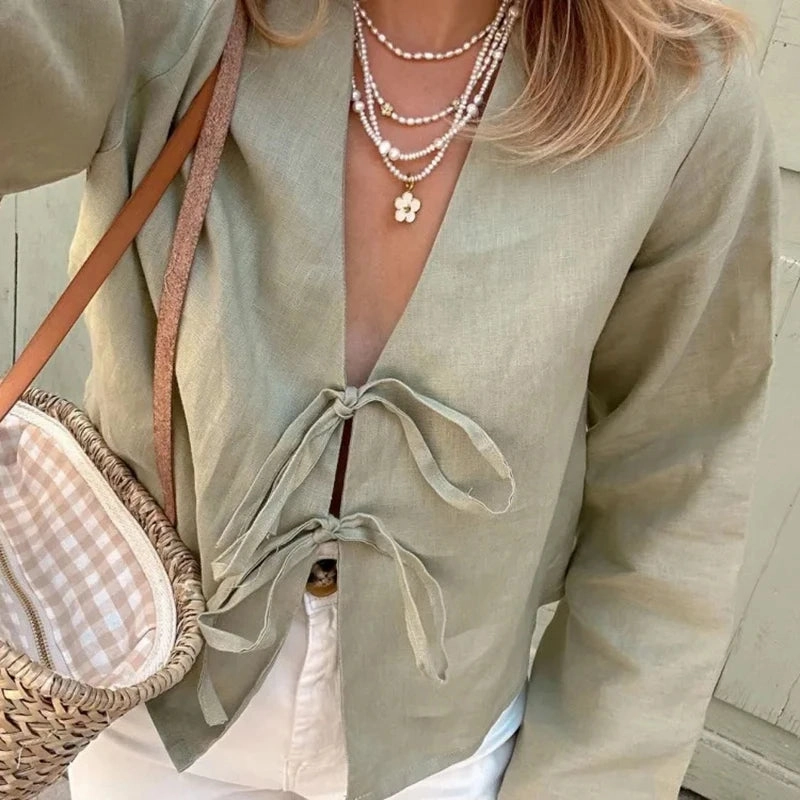 C.New S Cotton Linen Lace Up Bow Shirts Women Loose Hollow Out V Neck Long Sleeve Tops Female Spring New Streetwear Top
