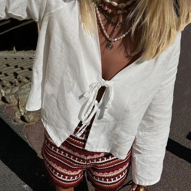 C.New S Cotton Linen Lace Up Bow Shirts Women Loose Hollow Out V Neck Long Sleeve Tops Female Spring New Streetwear Top