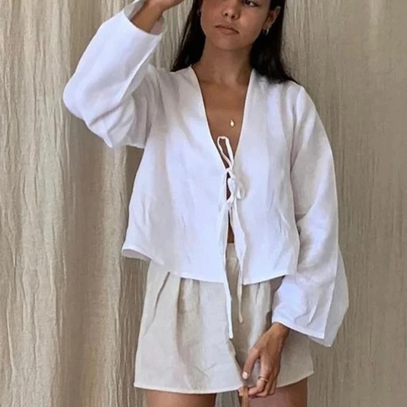 C.New S Cotton Linen Lace Up Bow Shirts Women Loose Hollow Out V Neck Long Sleeve Tops Female Spring New Streetwear Top