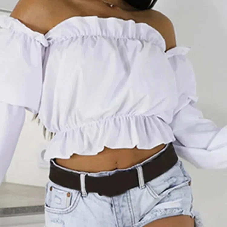 Candy Color Off Shoulder Crop Tops Women Summer Dot Print Blouse