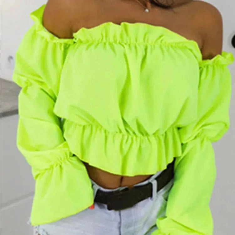Candy Color Off Shoulder Crop Tops Women Summer Dot Print Blouse