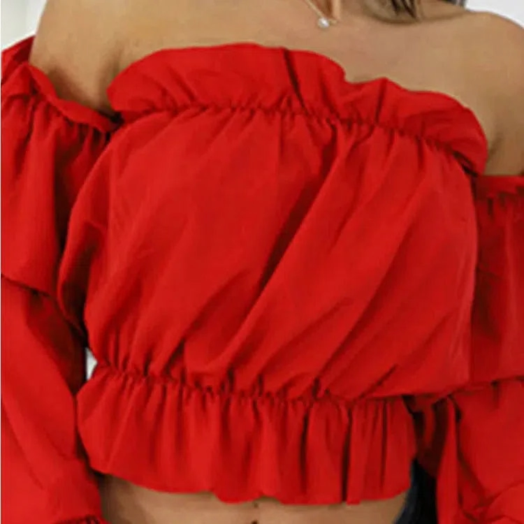 Candy Color Off Shoulder Crop Tops Women Summer Dot Print Blouse