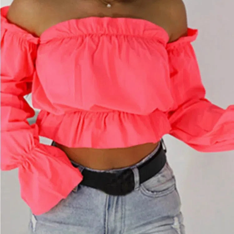 Candy Color Off Shoulder Crop Tops Women Summer Dot Print Blouse