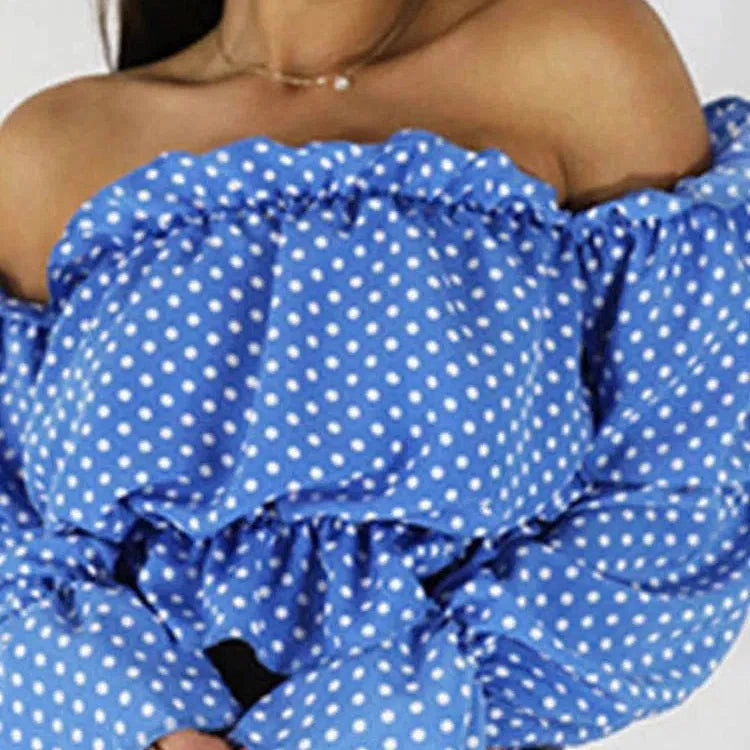 Candy Color Off Shoulder Crop Tops Women Summer Dot Print Blouse