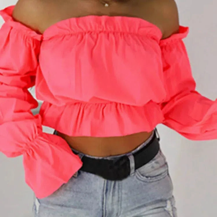 Candy Color Off Shoulder Crop Tops Women Summer Dot Print Blouse