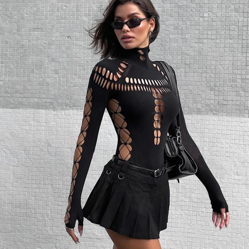 Candyhot Hollow Out High Collar Bodysuit Long Sleeve Y2K Fashion Women Gothic Punk Streetwear