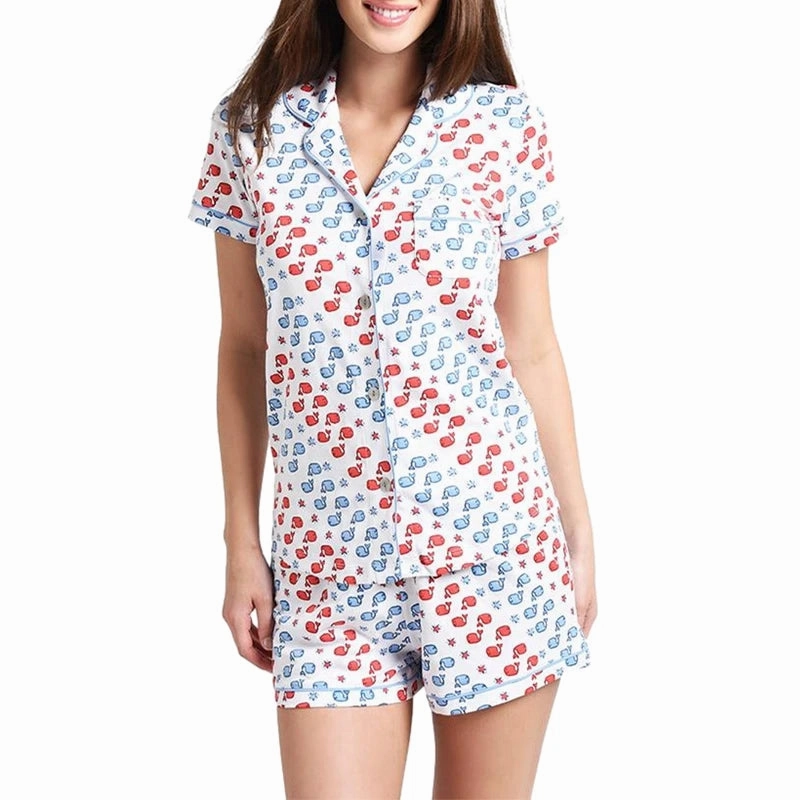 Cartoon Print Pajamas Set 2 Pieces Summer Loungewear Comfy Blouse Tops and Shorts Sleepwear Outfits