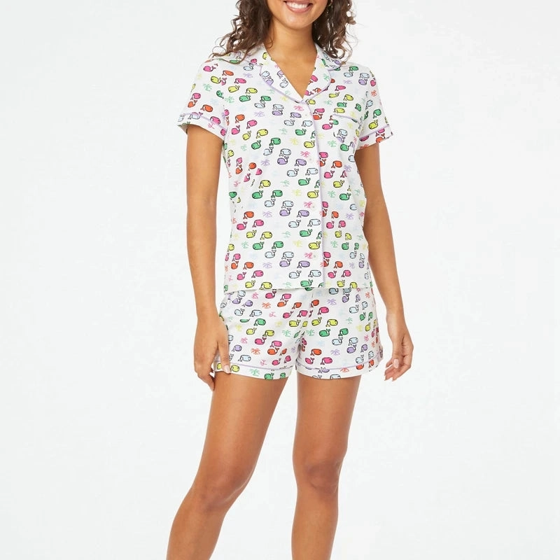 Cartoon Print Pajamas Set 2 Pieces Summer Loungewear Comfy Blouse Tops and Shorts Sleepwear Outfits